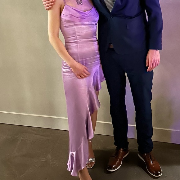 Bardot Satin Asymmetrical Dress in Lilac - Picture 4 of 4